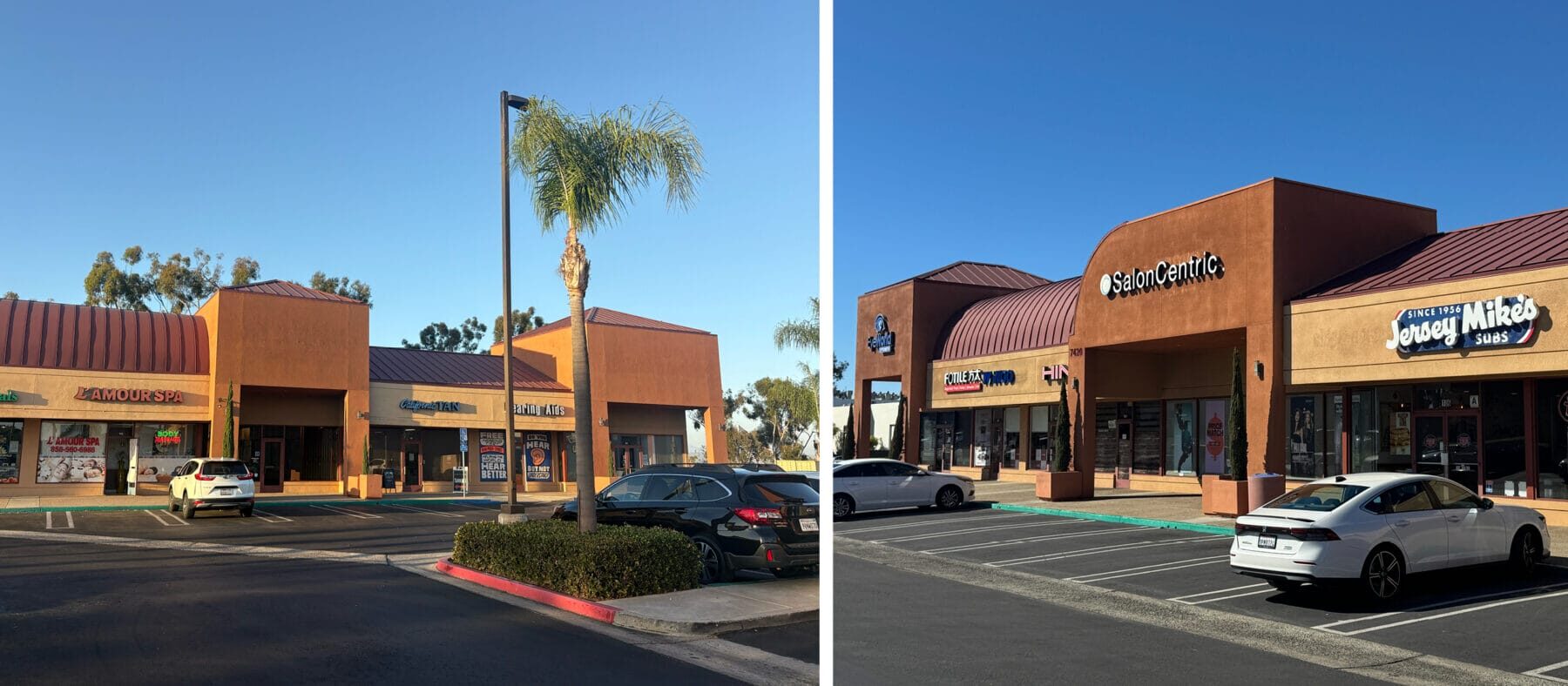 Strip mall center with tan and burnt Sienna buildings, blue sky and palm trees