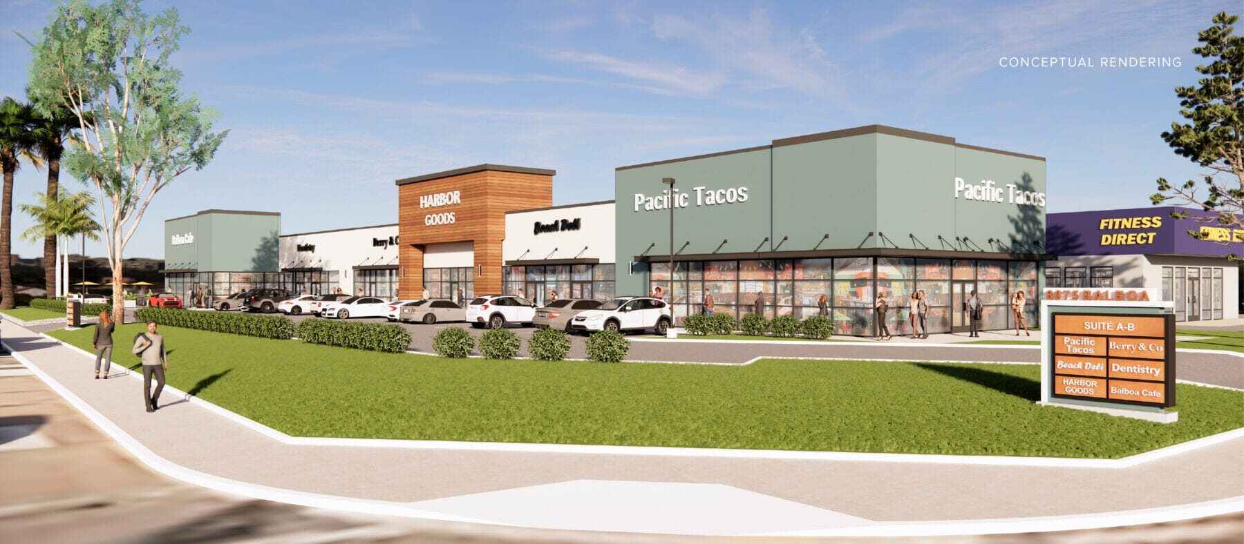 Conceptual rendering of the renovated storefronts at 8075 Balboa Ave.
