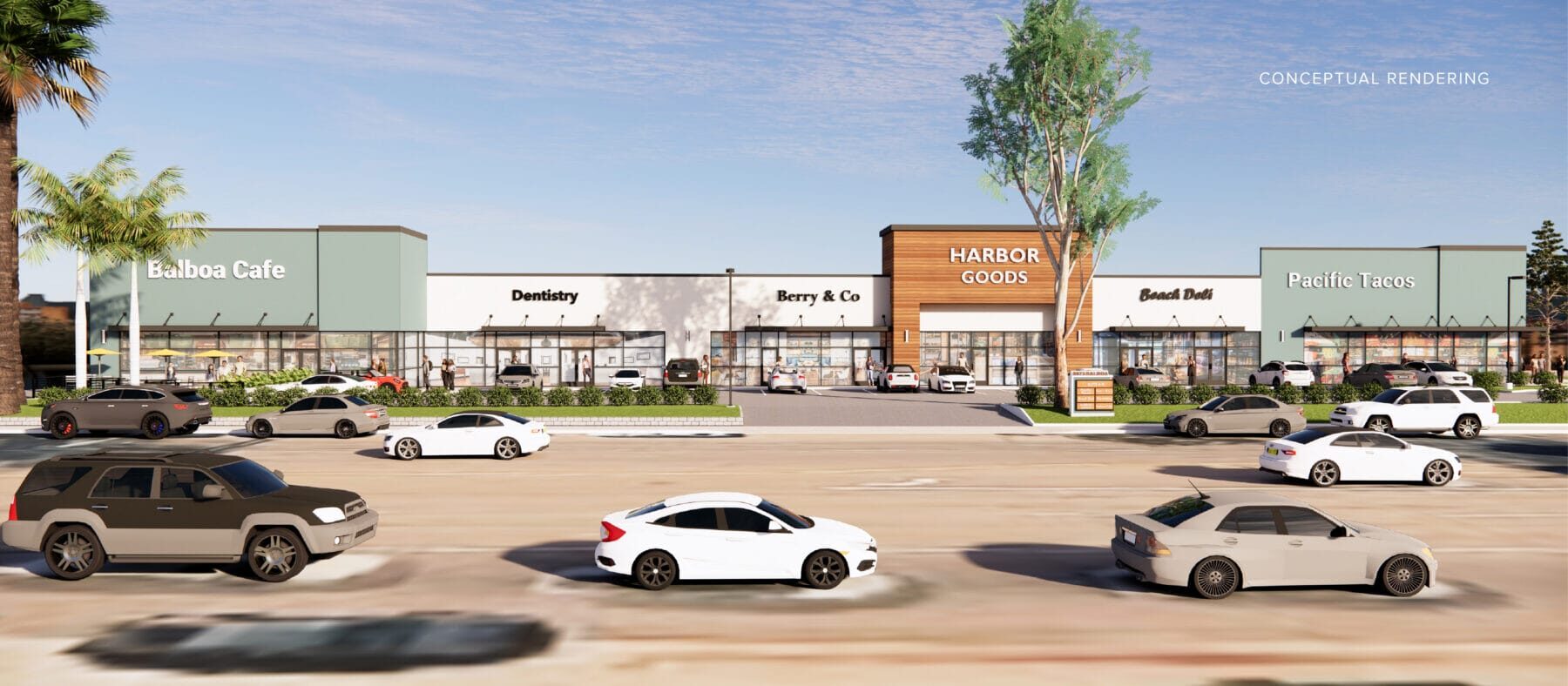 Conceptual rendering of the renovated storefronts at 8075 Balboa Ave.